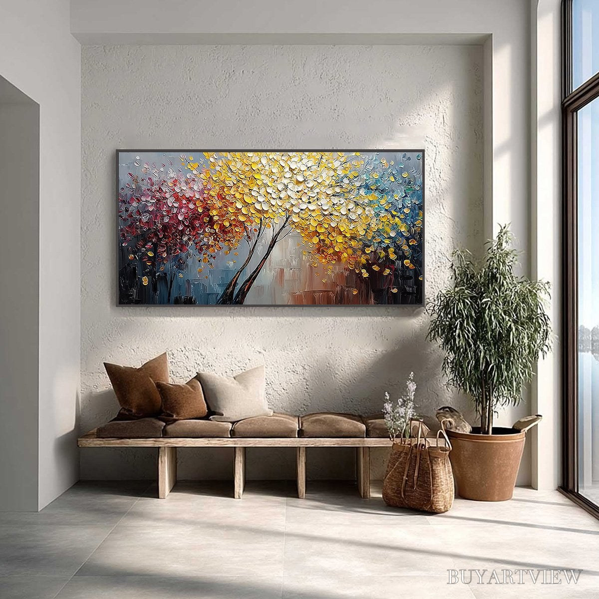 ARTOVITAS Chromatic Embrace – Textured Palette Knife Tree Painting, Colorful Impasto - image 2