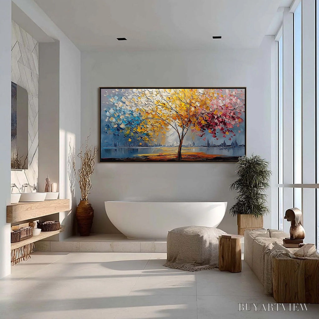 ARTOVITAS Vibrant Horizon – Textured Palette Knife Tree of Life Landscape Painting - image 4