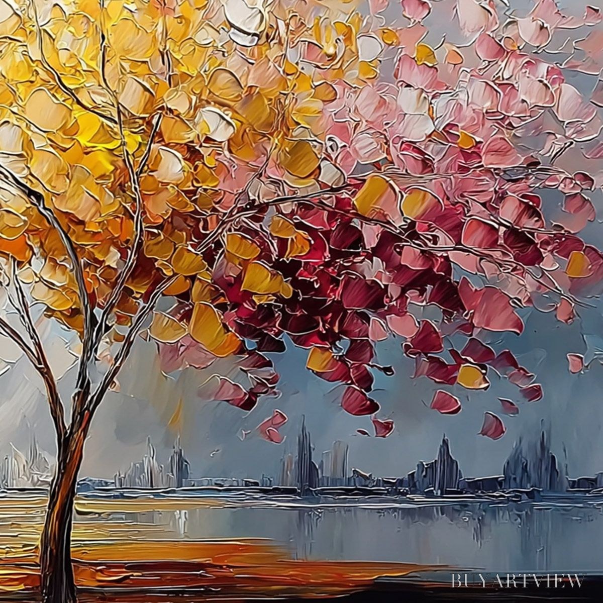 ARTOVITAS Vibrant Horizon – Textured Palette Knife Tree of Life Landscape Painting - image 5