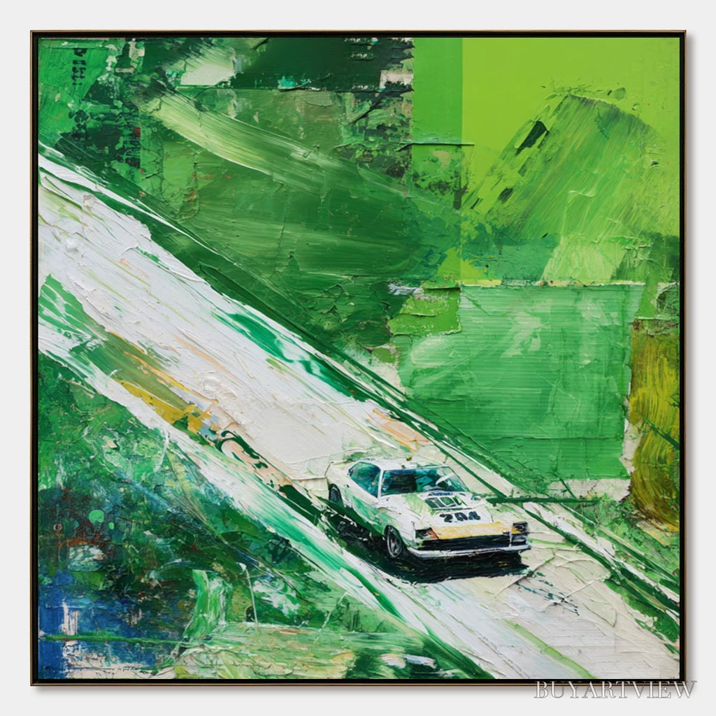 ARTOVITAS Emerald Rush – Textured Sports Car Racing Impasto Oil Painting - image 1