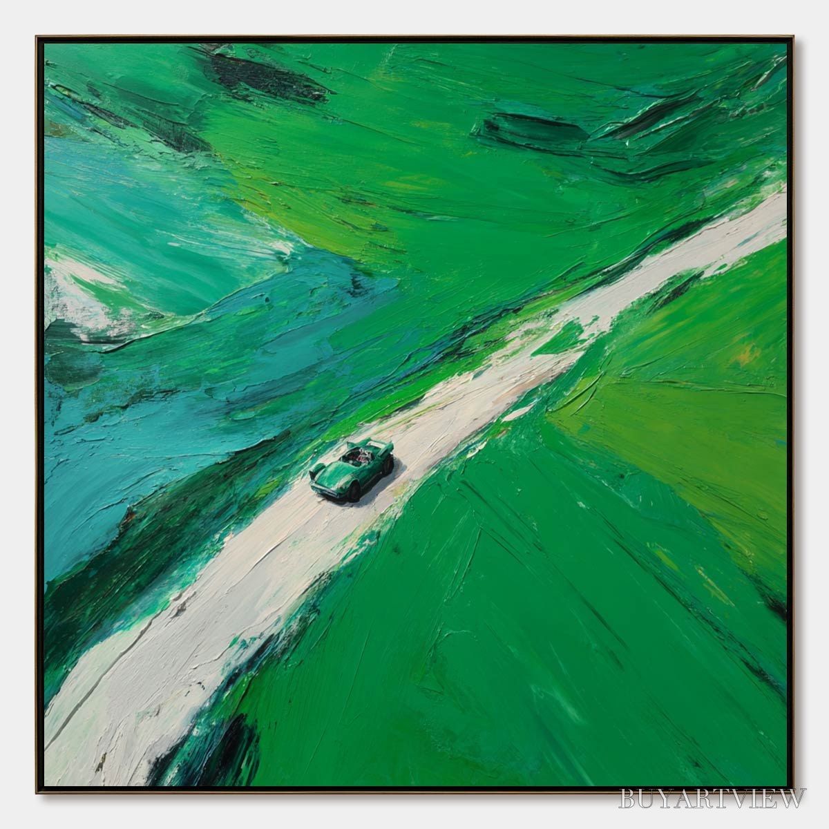 ARTOVITAS Emerald Escape – Textured Aerial View Painting of a Vintage Sports Car - image 1
