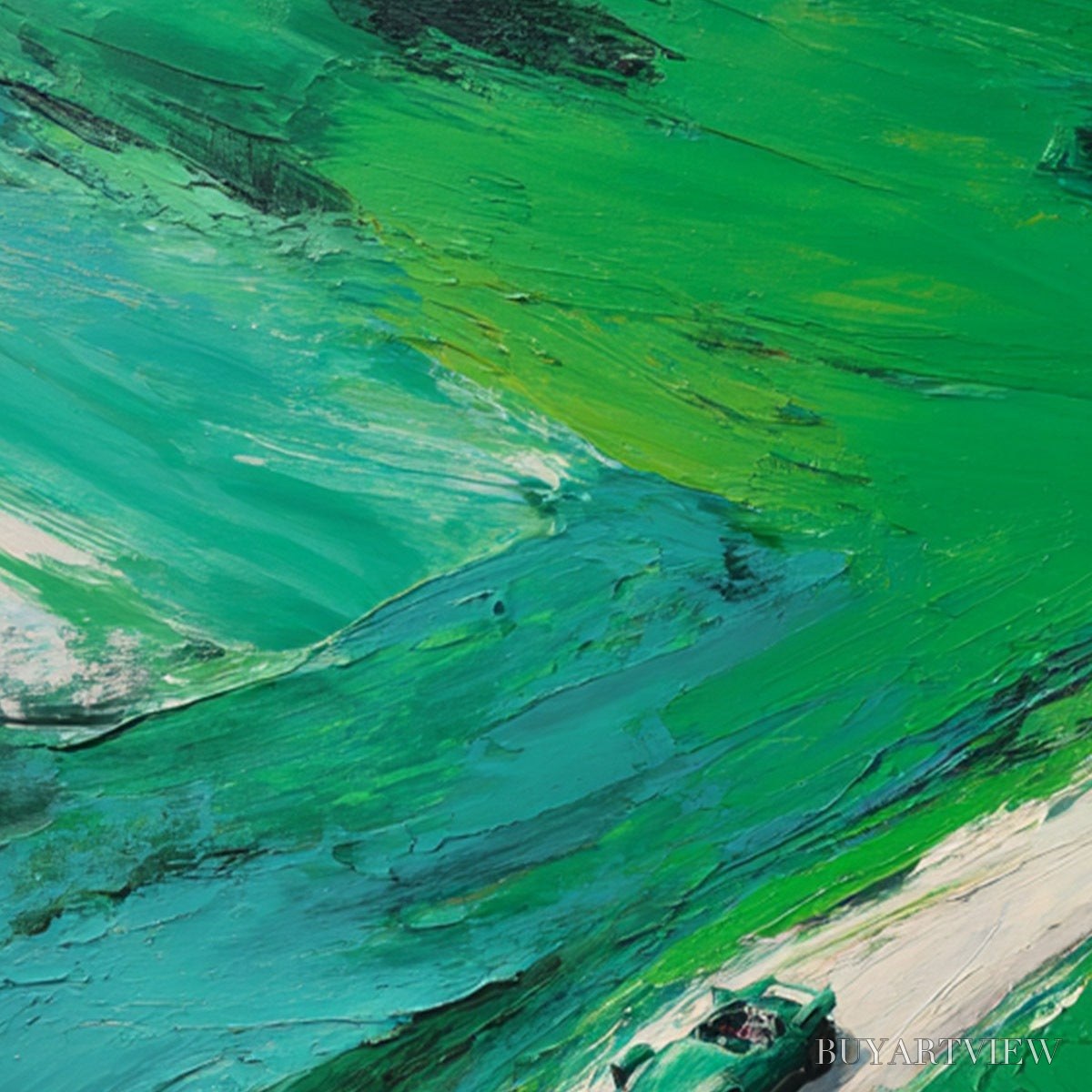 ARTOVITAS Emerald Escape – Textured Aerial View Painting of a Vintage Sports Car - image 3