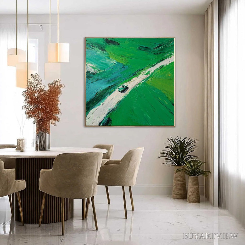 ARTOVITAS Emerald Escape – Textured Aerial View Painting of a Vintage Sports Car - image 4