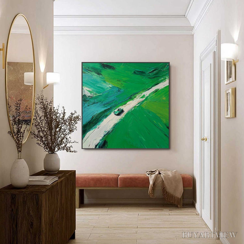 ARTOVITAS Emerald Escape – Textured Aerial View Painting of a Vintage Sports Car - image 6