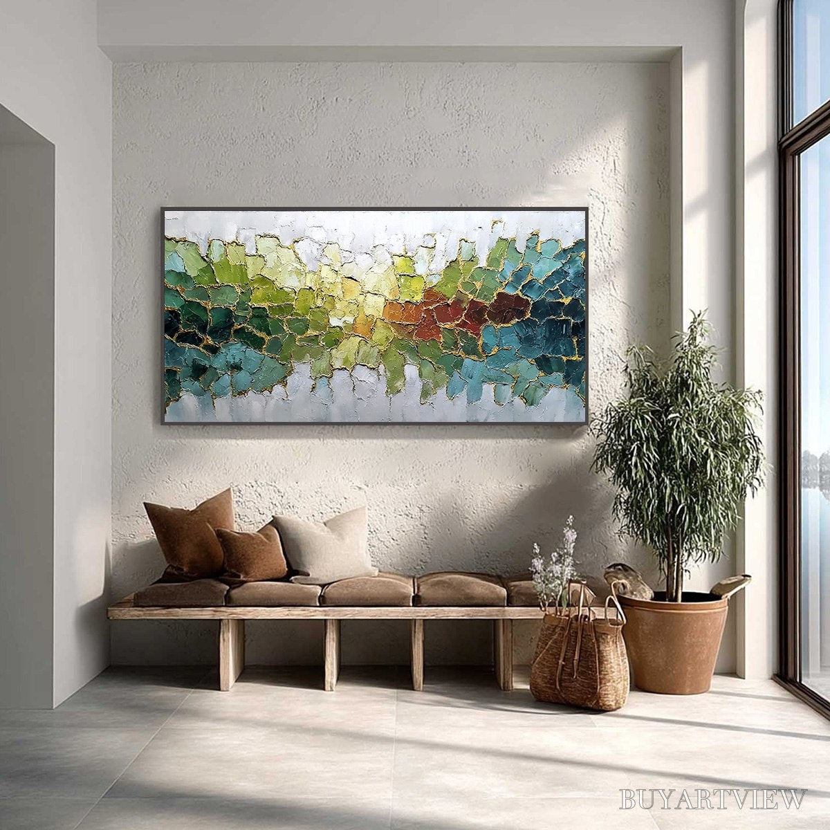 ARTOVITAS Emerald Horizon – Large Textured Abstract Landscape Painting with Gold Accents - image 2