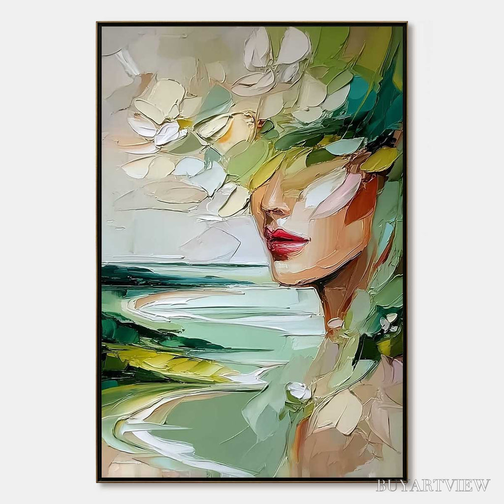 ARTOVITAS Verdant Reverie – Textured Palette Knife Abstract Portrait Painting - image 1