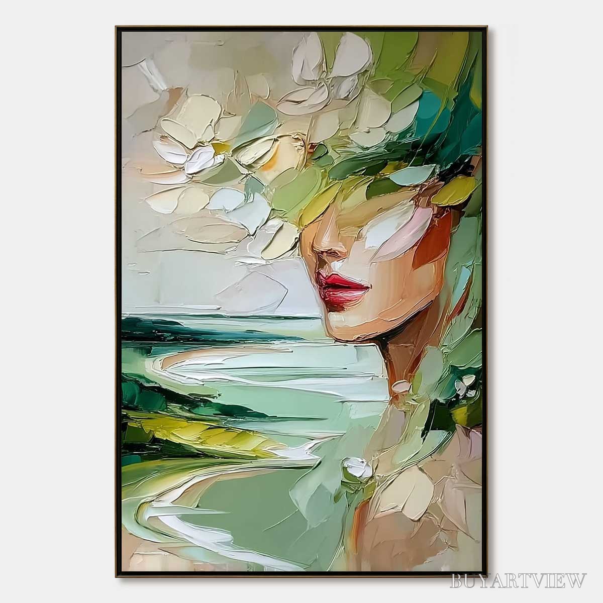 ARTOVITAS Verdant Reverie – Textured Palette Knife Abstract Portrait Painting - image 1