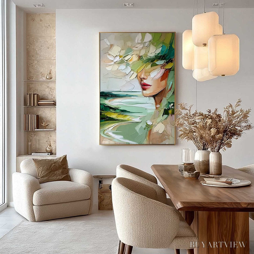 ARTOVITAS Verdant Reverie – Textured Palette Knife Abstract Portrait Painting - image 4