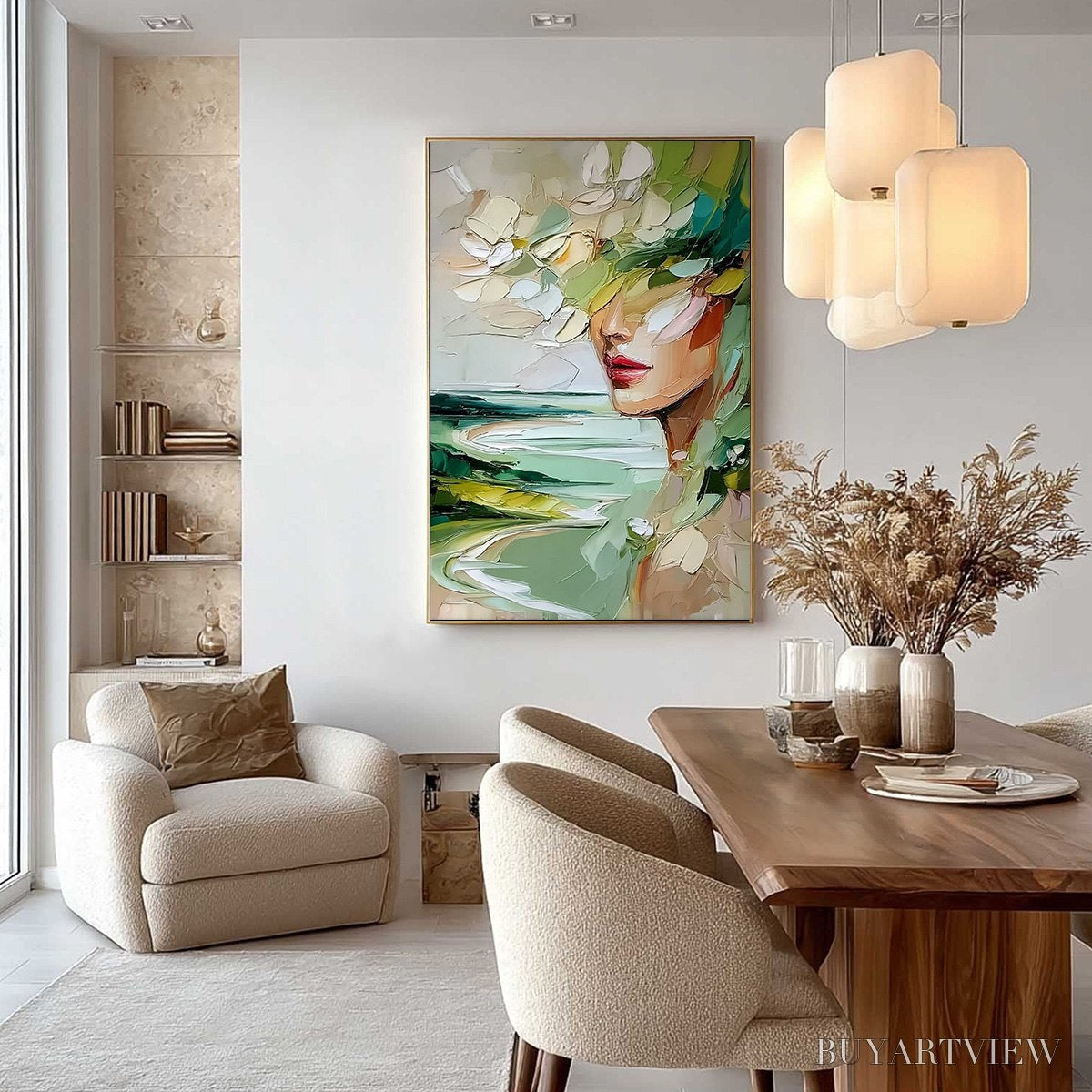 ARTOVITAS Verdant Reverie – Textured Palette Knife Abstract Portrait Painting - image 4