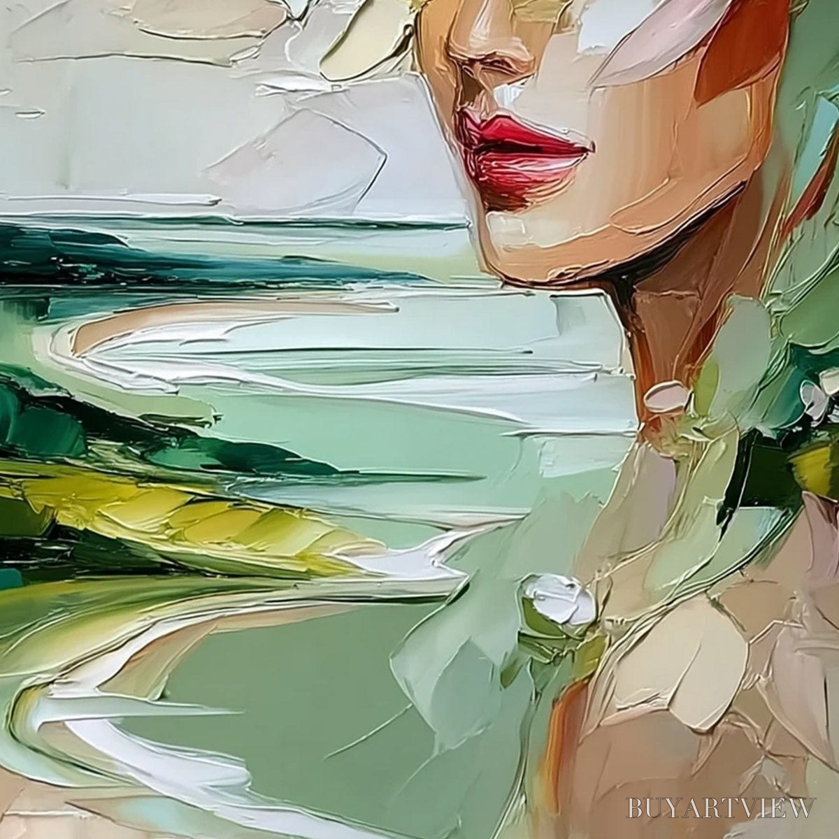 ARTOVITAS Verdant Reverie – Textured Palette Knife Abstract Portrait Painting - image 5