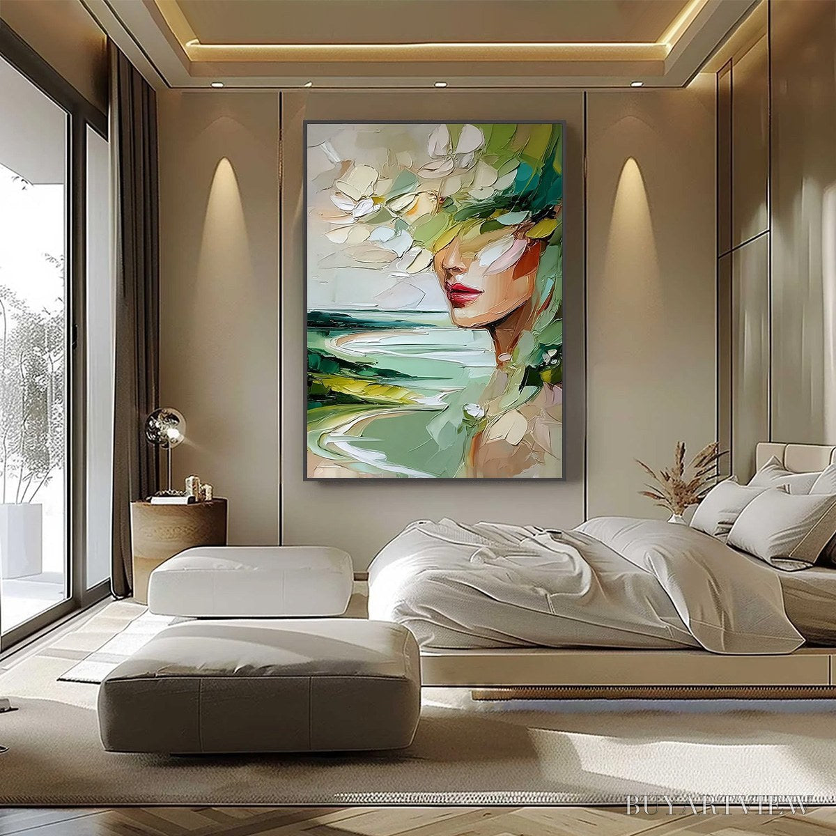 ARTOVITAS Verdant Reverie – Textured Palette Knife Abstract Portrait Painting - image 6
