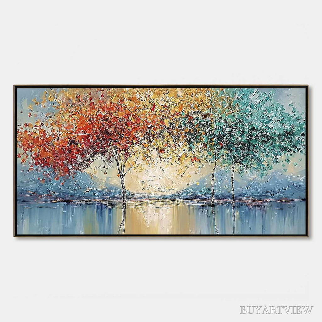 ARTOVITAS Ember and Jade – Textured Long Horizontal Landscape Painting of Trees - image 1