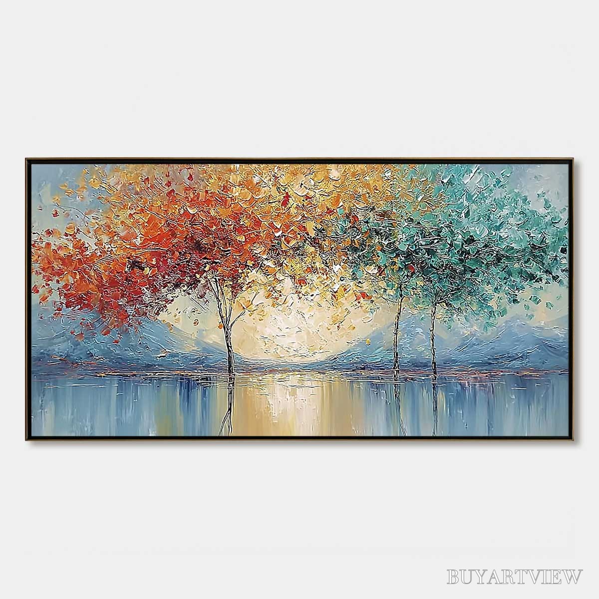 ARTOVITAS Ember and Jade – Textured Long Horizontal Landscape Painting of Trees - image 1