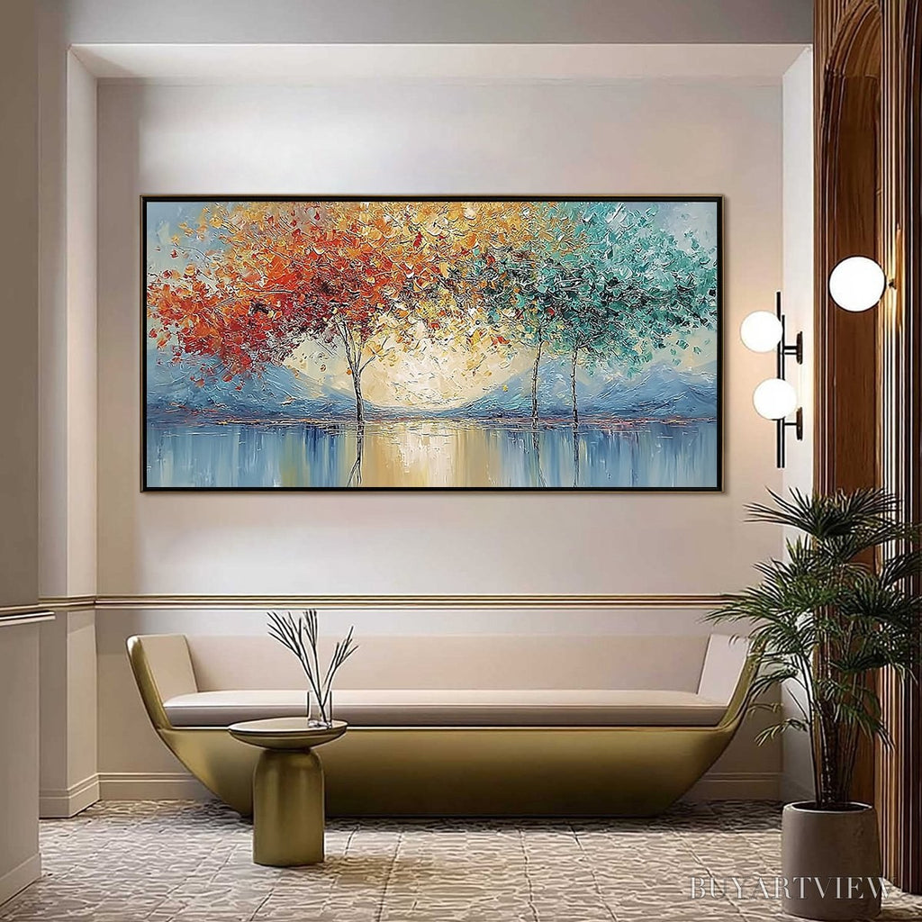 ARTOVITAS Ember and Jade – Textured Long Horizontal Landscape Painting of Trees - image 2