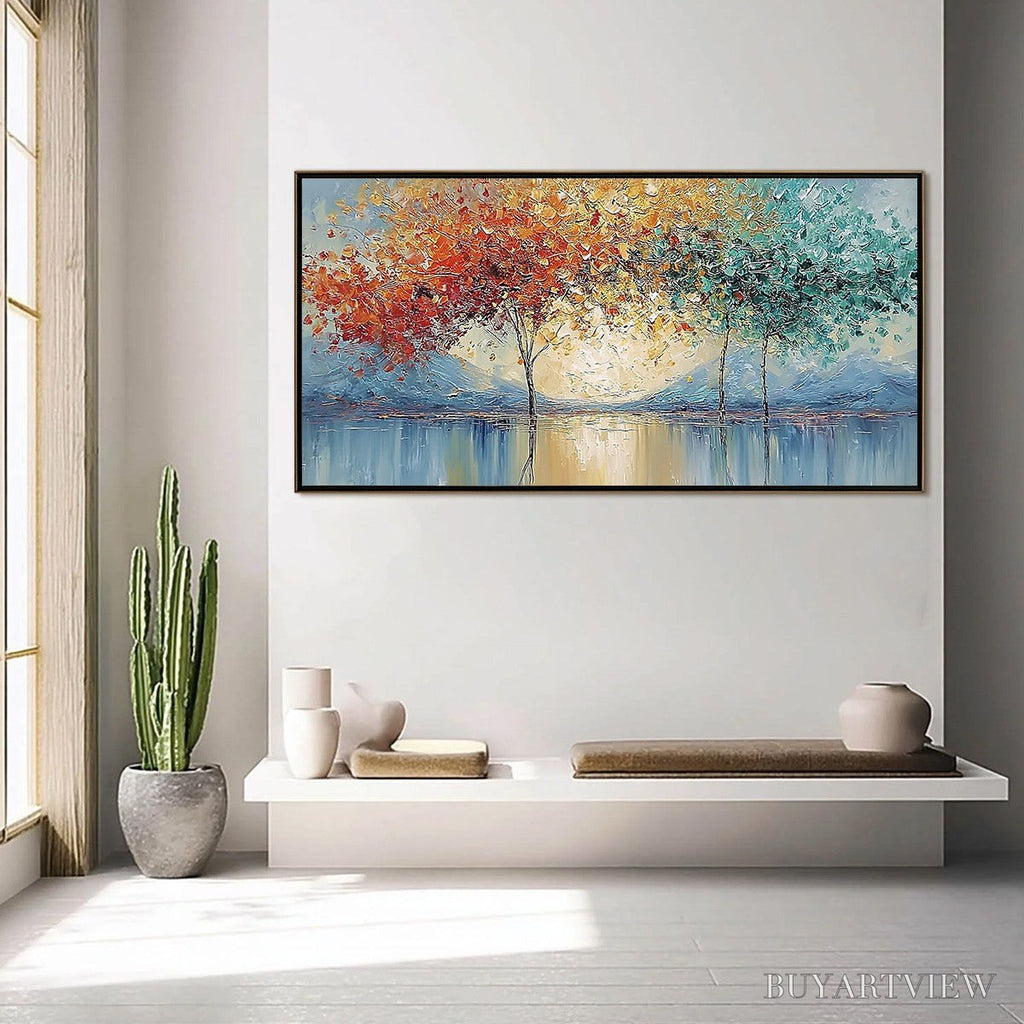 ARTOVITAS Ember and Jade – Textured Long Horizontal Landscape Painting of Trees - image 4