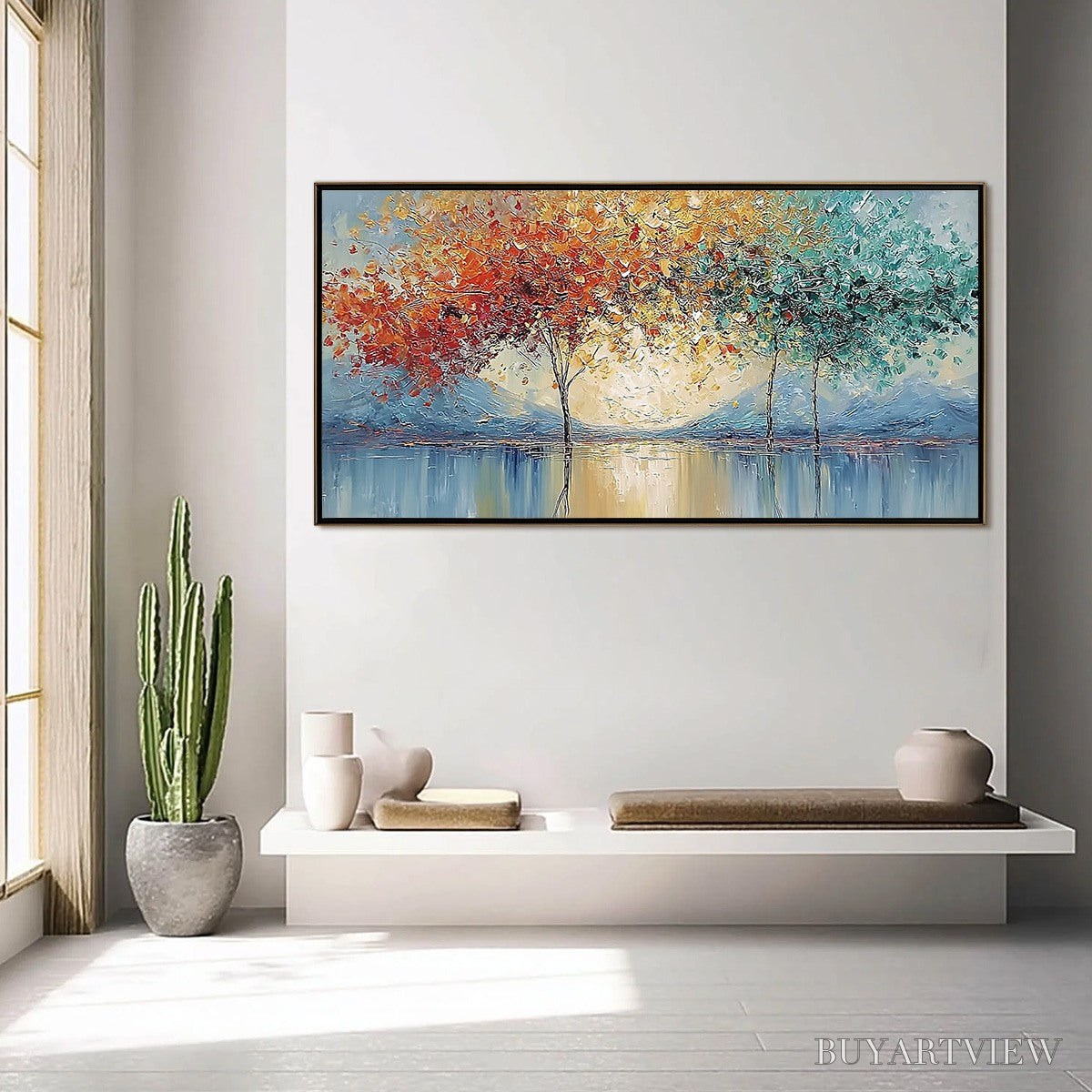 ARTOVITAS Ember and Jade – Textured Long Horizontal Landscape Painting of Trees - image 4