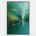 ARTOVITAS Emerald Flight – Textured Abstract Landscape Painting of Birds Over a Marsh - image 1