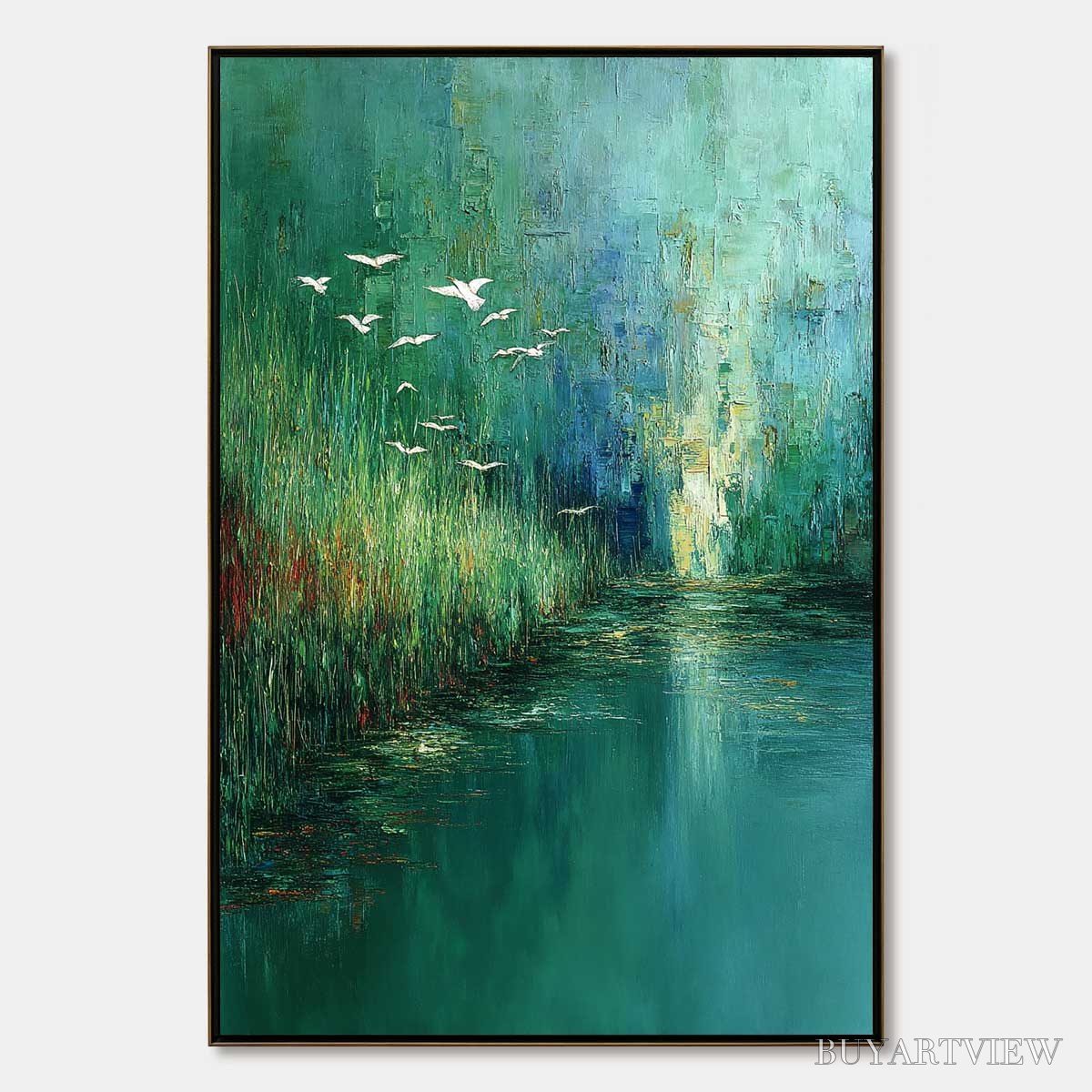 ARTOVITAS Emerald Flight – Textured Abstract Landscape Painting of Birds Over a Marsh - image 1