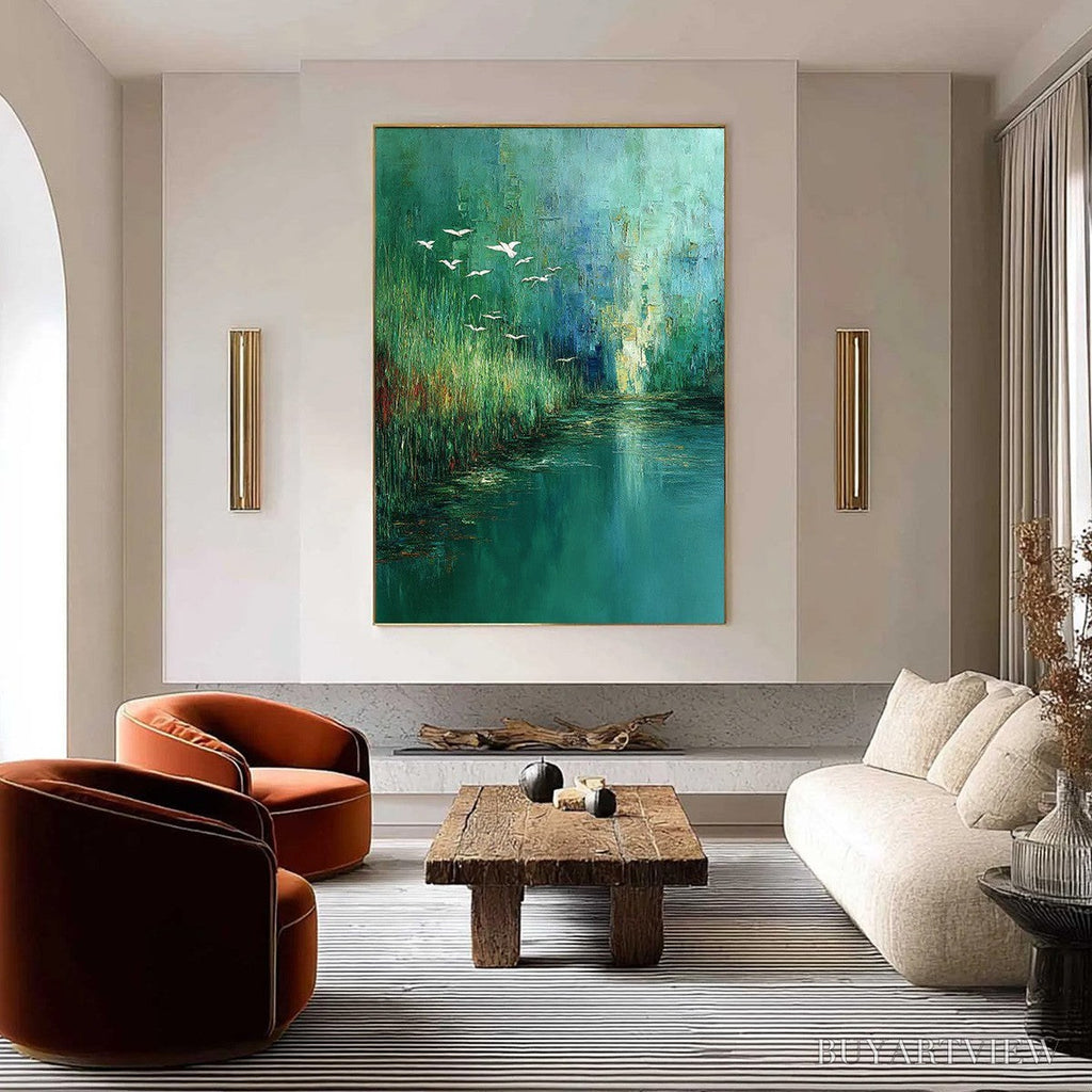 ARTOVITAS Emerald Flight – Textured Abstract Landscape Painting of Birds Over a Marsh - image 2