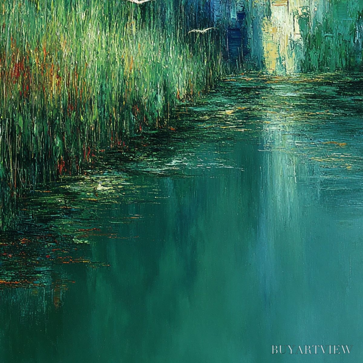 ARTOVITAS Emerald Flight – Textured Abstract Landscape Painting of Birds Over a Marsh - image 3