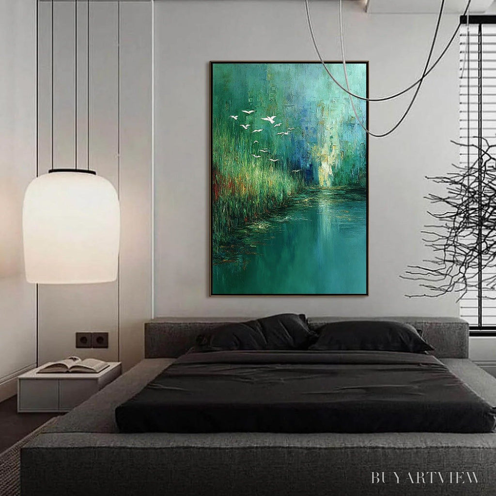 ARTOVITAS Emerald Flight – Textured Abstract Landscape Painting of Birds Over a Marsh - image 4