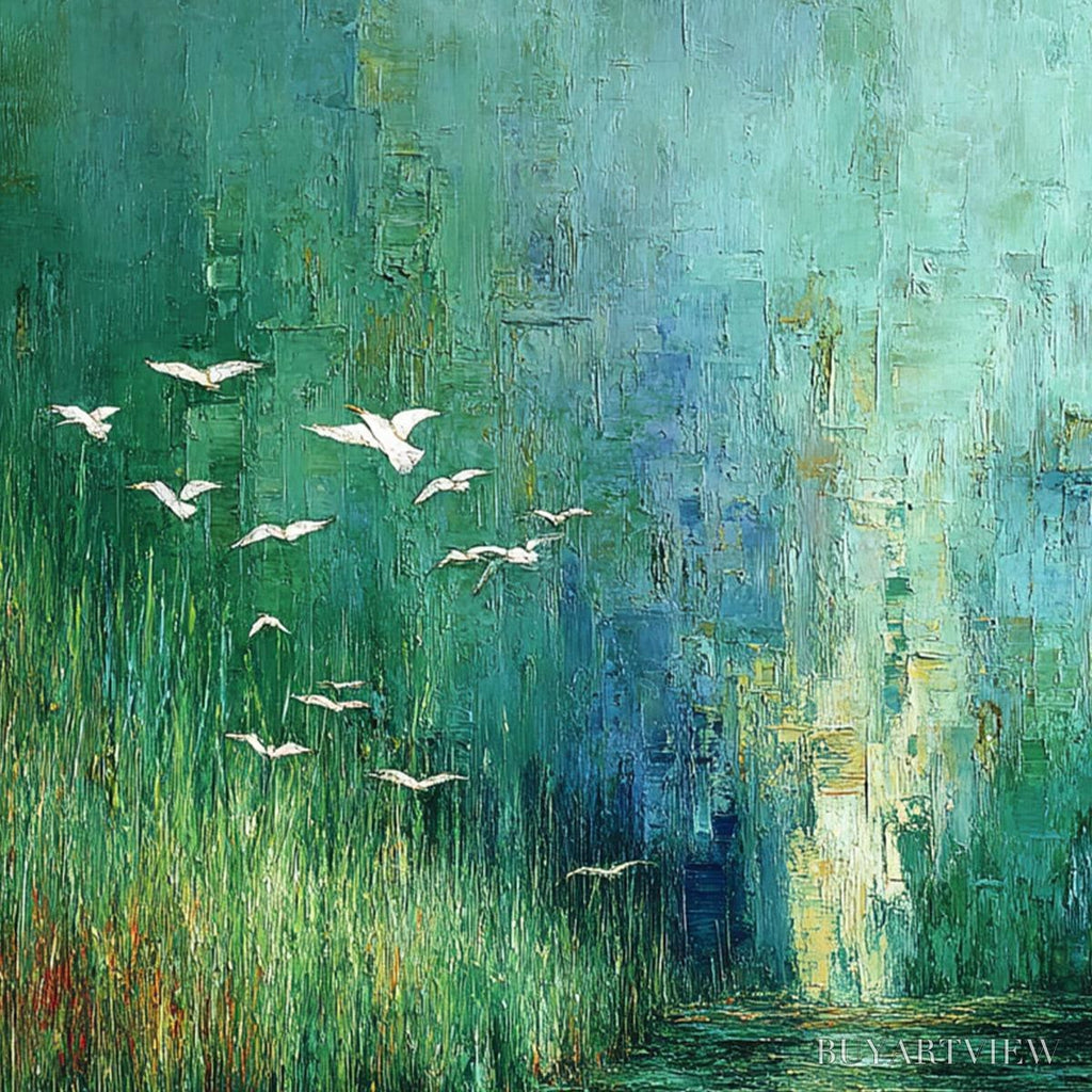 ARTOVITAS Emerald Flight – Textured Abstract Landscape Painting of Birds Over a Marsh - image 5