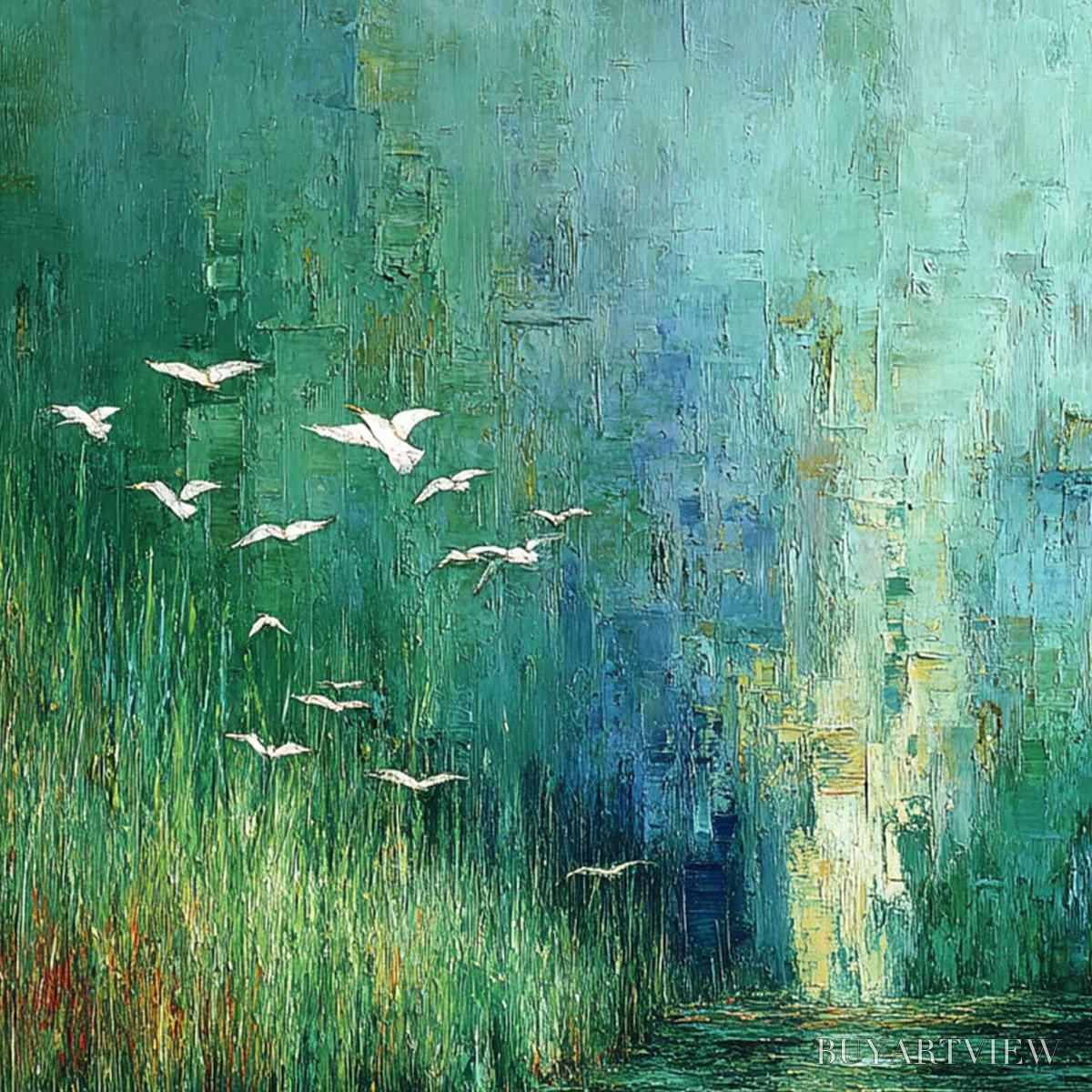 ARTOVITAS Emerald Flight – Textured Abstract Landscape Painting of Birds Over a Marsh - image 5