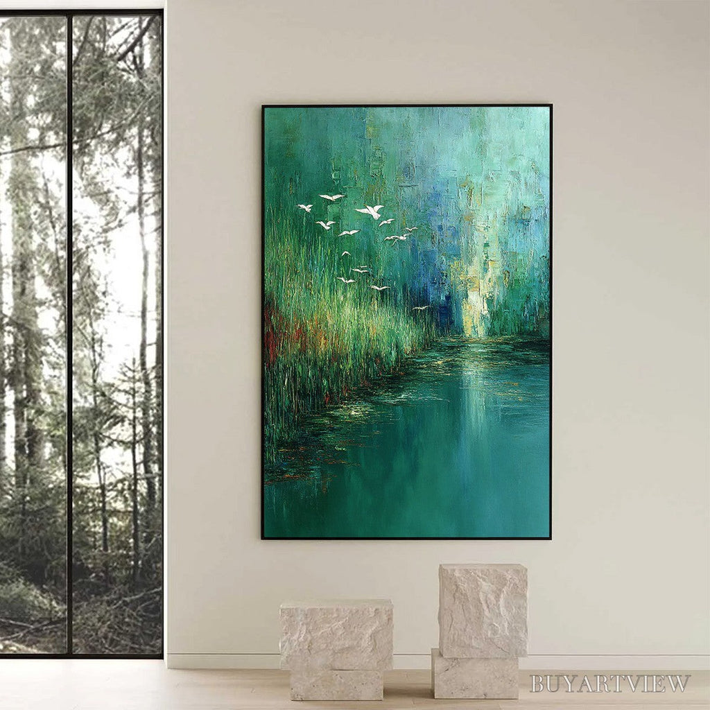 ARTOVITAS Emerald Flight – Textured Abstract Landscape Painting of Birds Over a Marsh - image 6