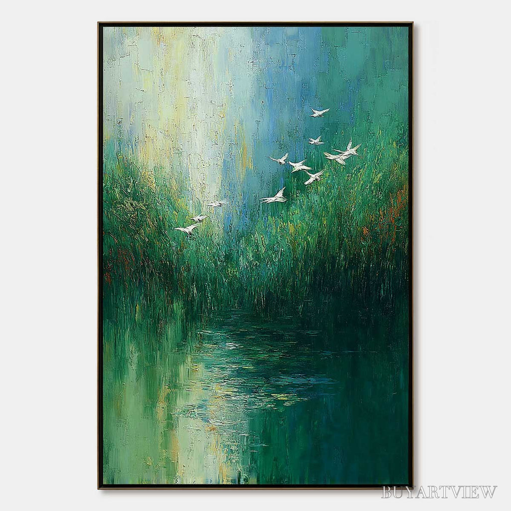 ARTOVITAS Verdant Voyage – Textured Green Landscape Painting with Birds - image 1