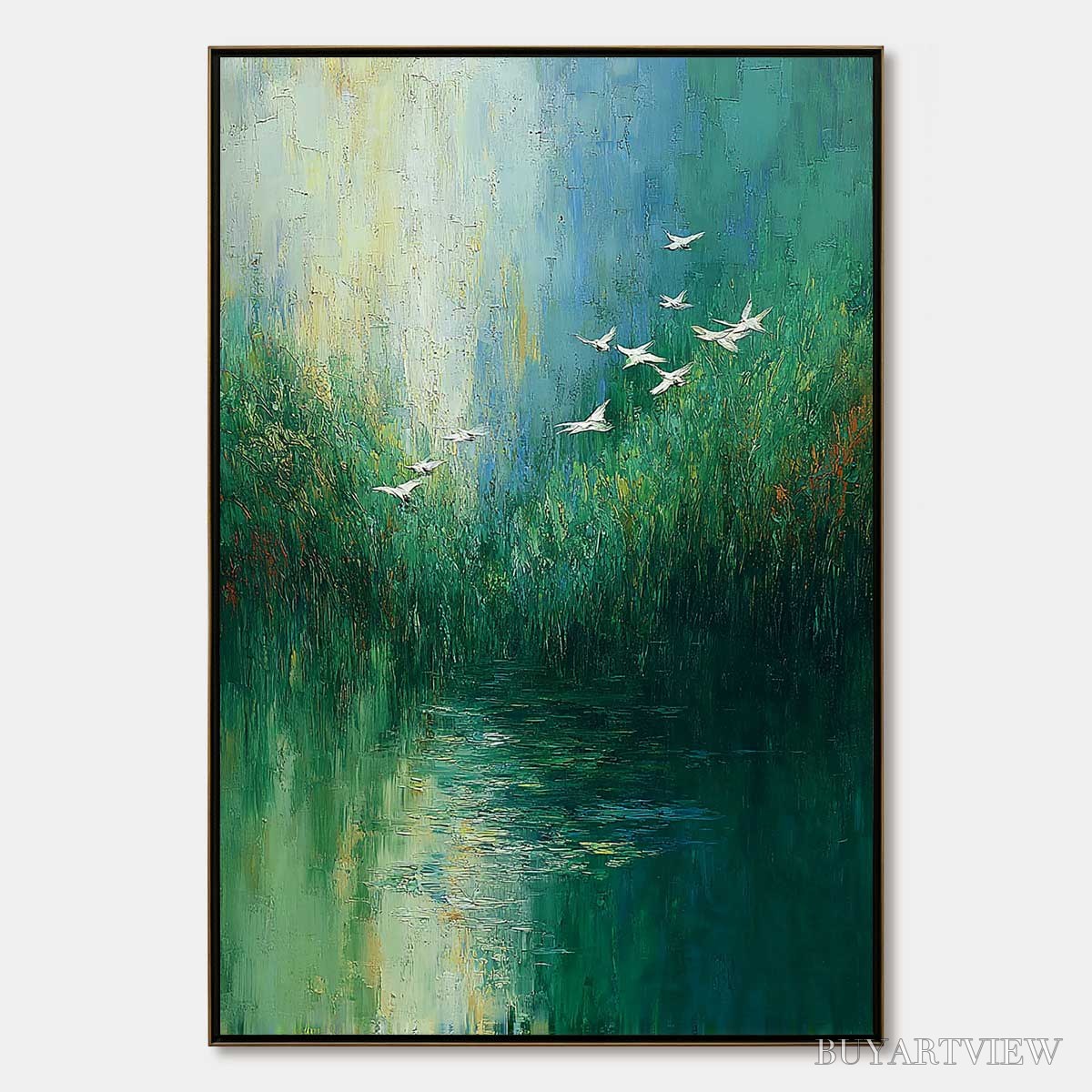 ARTOVITAS Verdant Voyage – Textured Green Landscape Painting with Birds - image 1