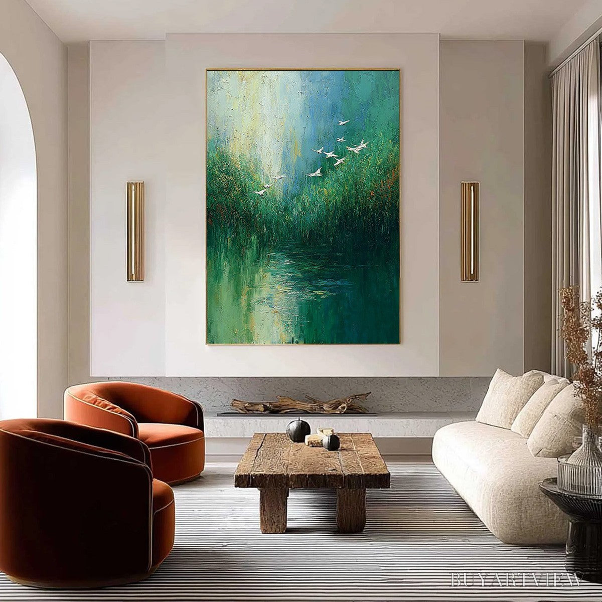ARTOVITAS Verdant Voyage – Textured Green Landscape Painting with Birds - image 2