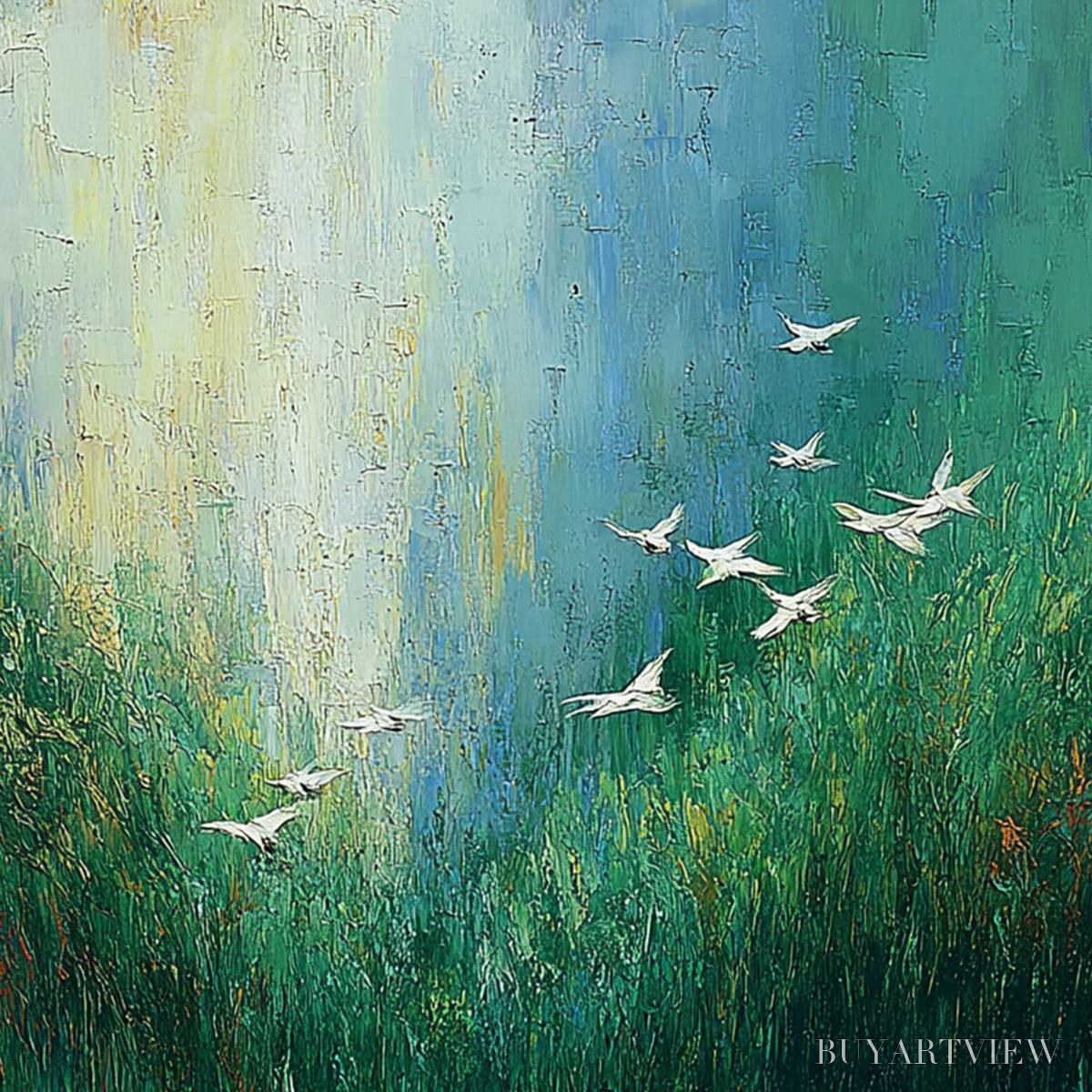 ARTOVITAS Verdant Voyage – Textured Green Landscape Painting with Birds - image 3