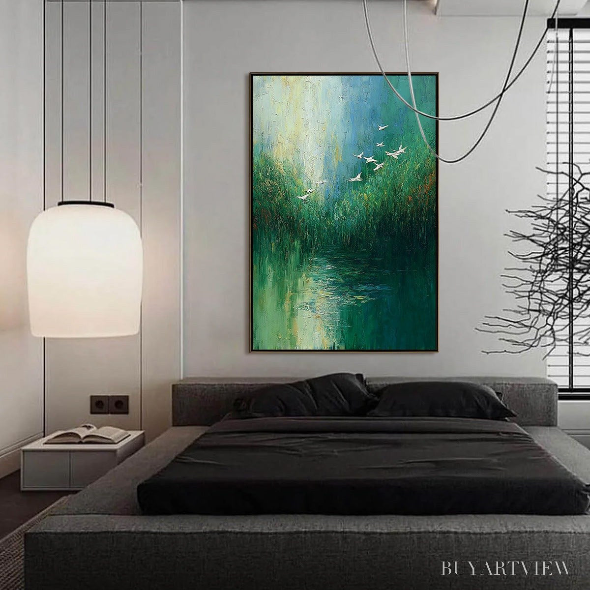 ARTOVITAS Verdant Voyage – Textured Green Landscape Painting with Birds - image 4