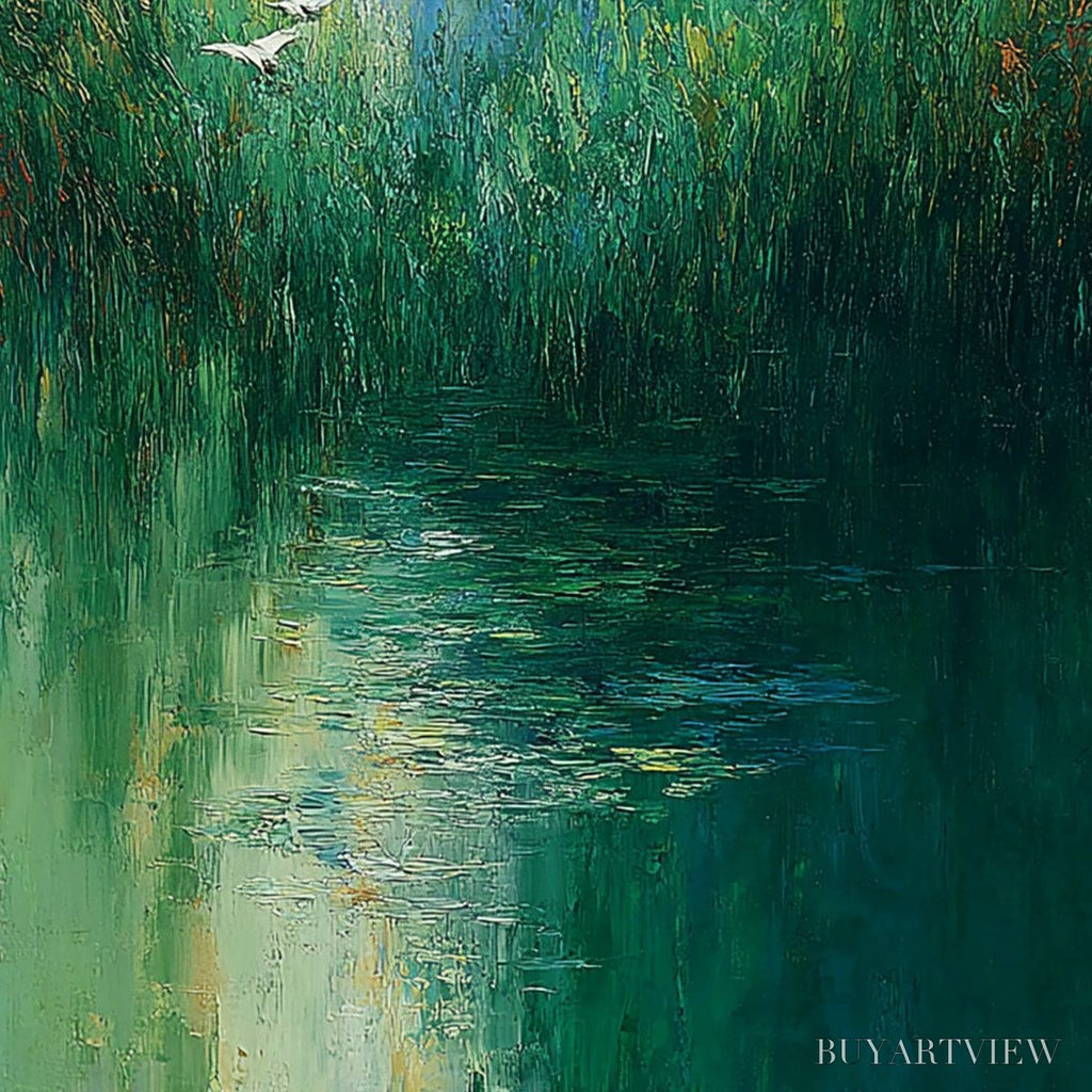 ARTOVITAS Verdant Voyage – Textured Green Landscape Painting with Birds - image 5