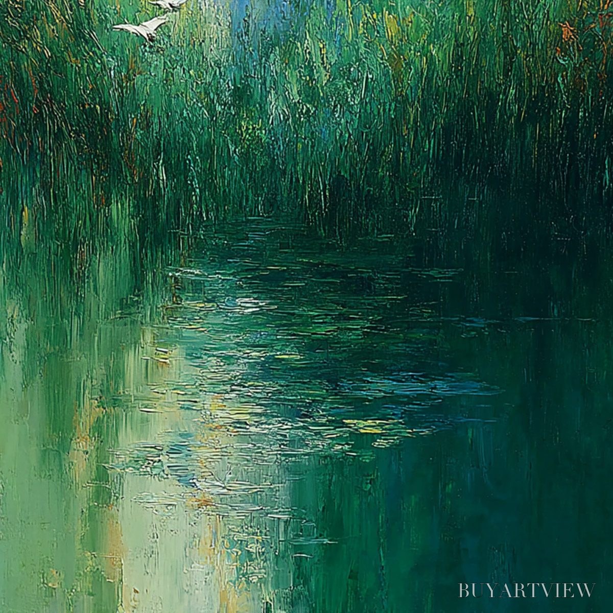 ARTOVITAS Verdant Voyage – Textured Green Landscape Painting with Birds - image 5