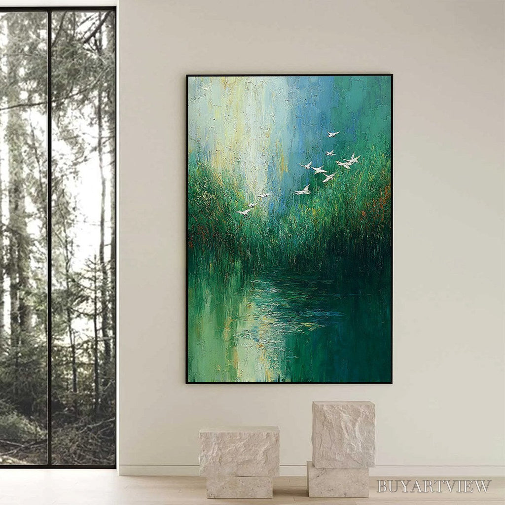 ARTOVITAS Verdant Voyage – Textured Green Landscape Painting with Birds - image 6