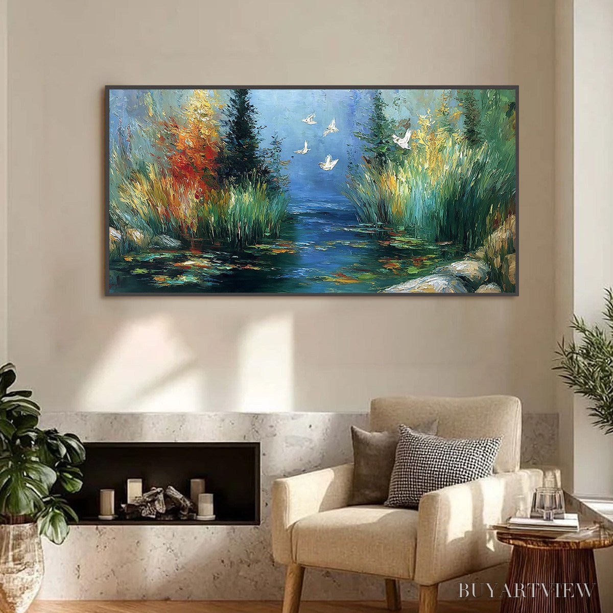 ARTOVITAS Serene Flight – Textured Impasto Landscape Painting of a River Sanctuary - image 2
