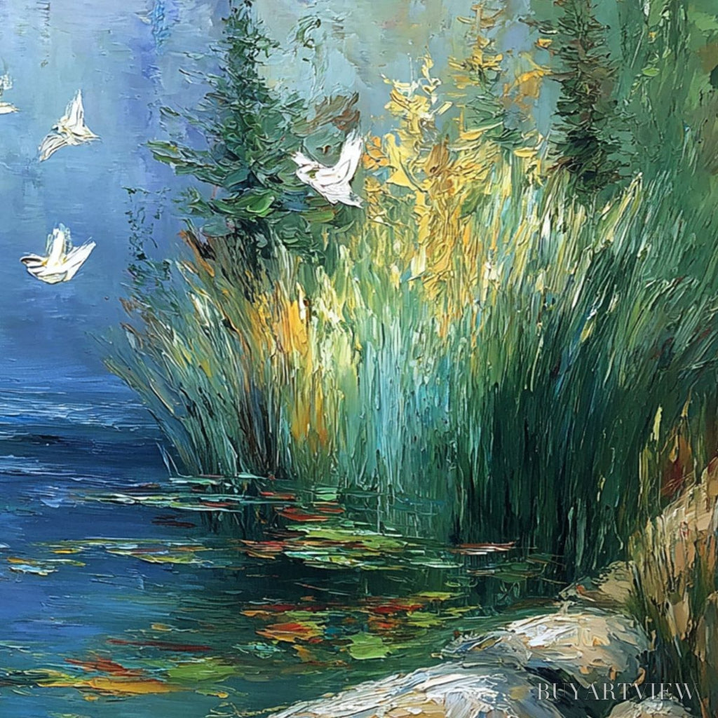 ARTOVITAS Serene Flight – Textured Impasto Landscape Painting of a River Sanctuary - image 5