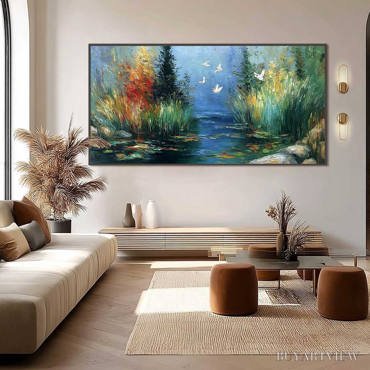 ARTOVITAS Serene Flight – Textured Impasto Landscape Painting of a River Sanctuary - image 6