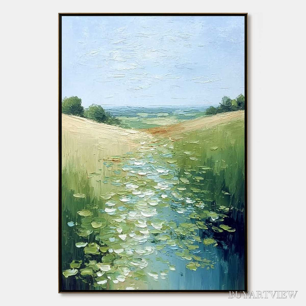 ARTOVITAS Verdant Path – Textured Impasto Landscape Painting of a Lilypad Stream - image 1