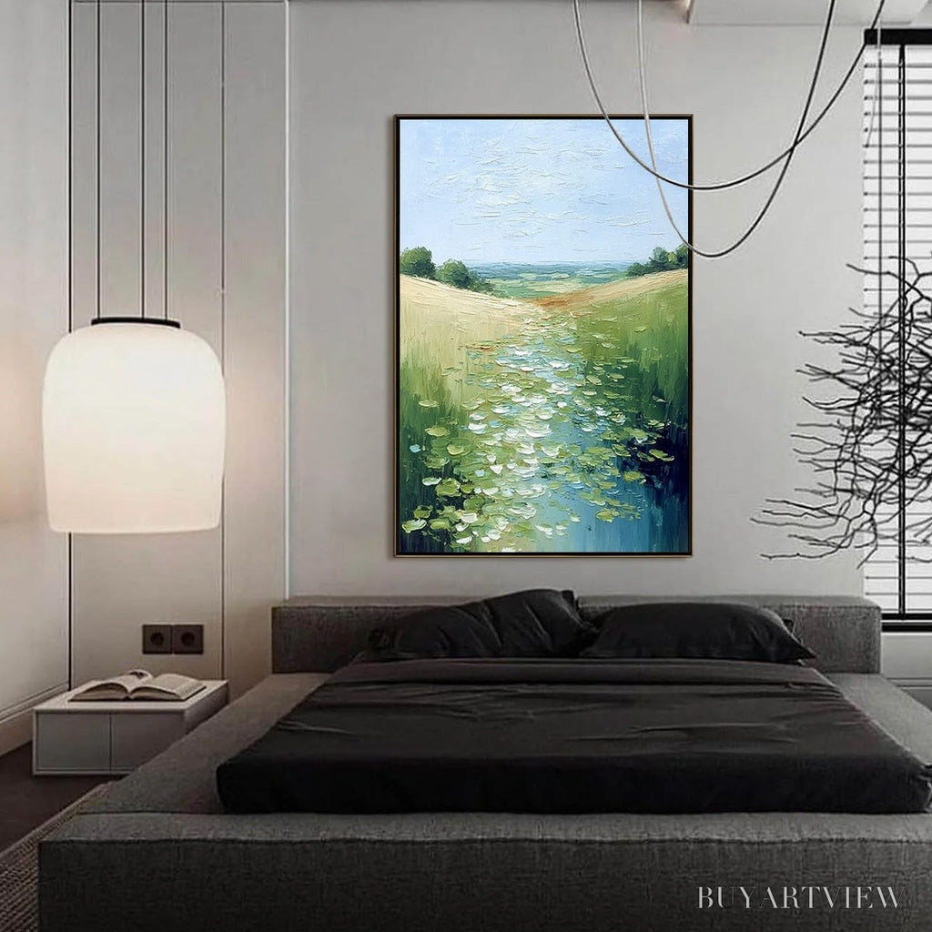 ARTOVITAS Verdant Path – Textured Impasto Landscape Painting of a Lilypad Stream - image 4