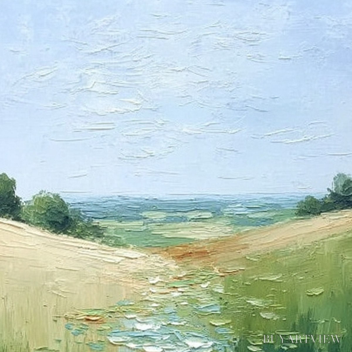 ARTOVITAS Verdant Path – Textured Impasto Landscape Painting of a Lilypad Stream - image 5