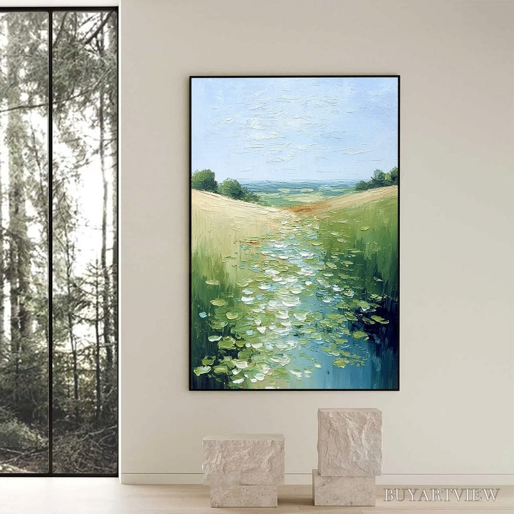 ARTOVITAS Verdant Path – Textured Impasto Landscape Painting of a Lilypad Stream - image 6