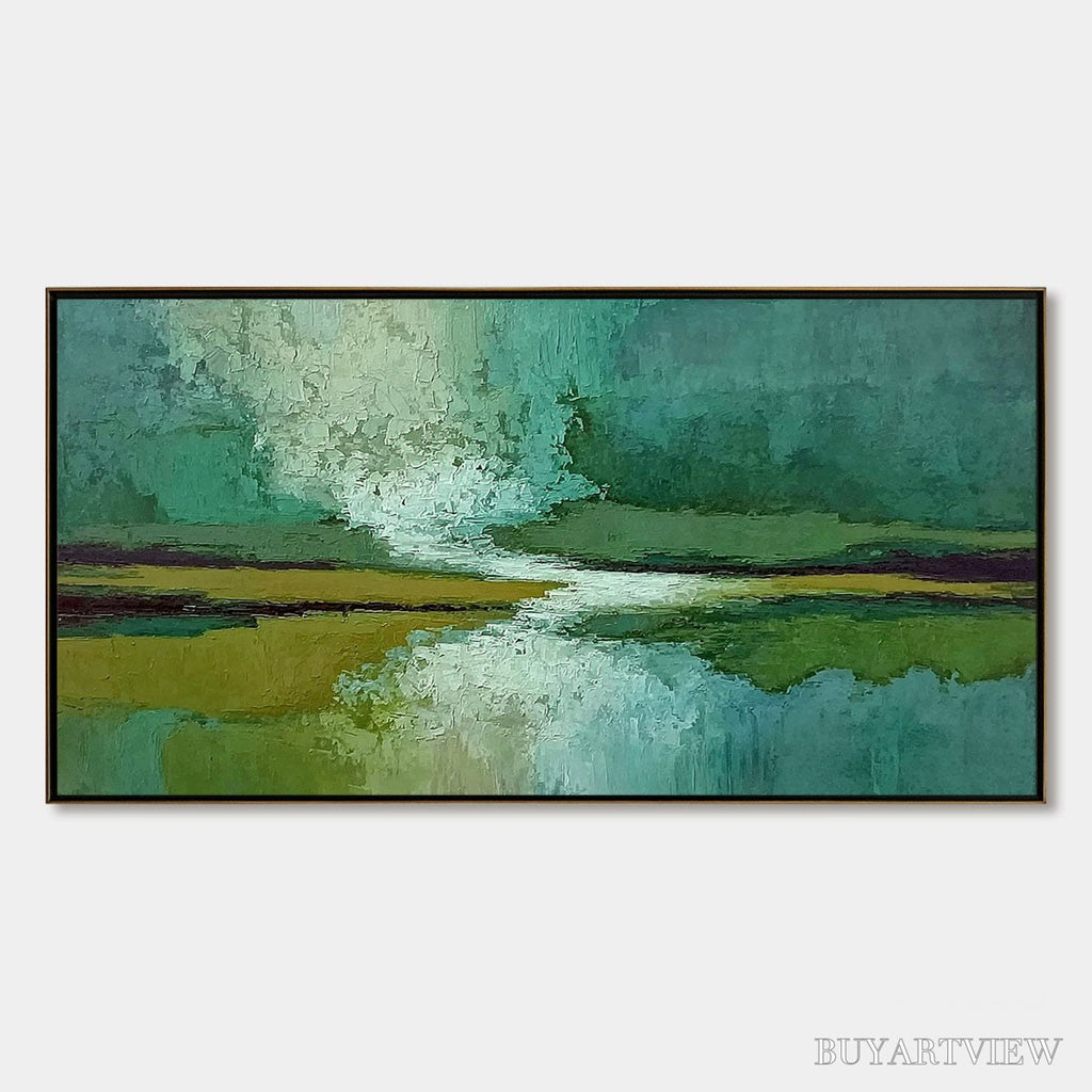 ARTOVITAS Verdant Horizon – Textured Abstract Landscape Painting in Green and Gold - image 1