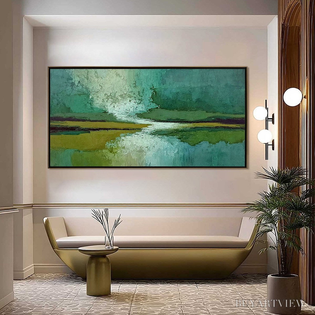 ARTOVITAS Verdant Horizon – Textured Abstract Landscape Painting in Green and Gold - image 2