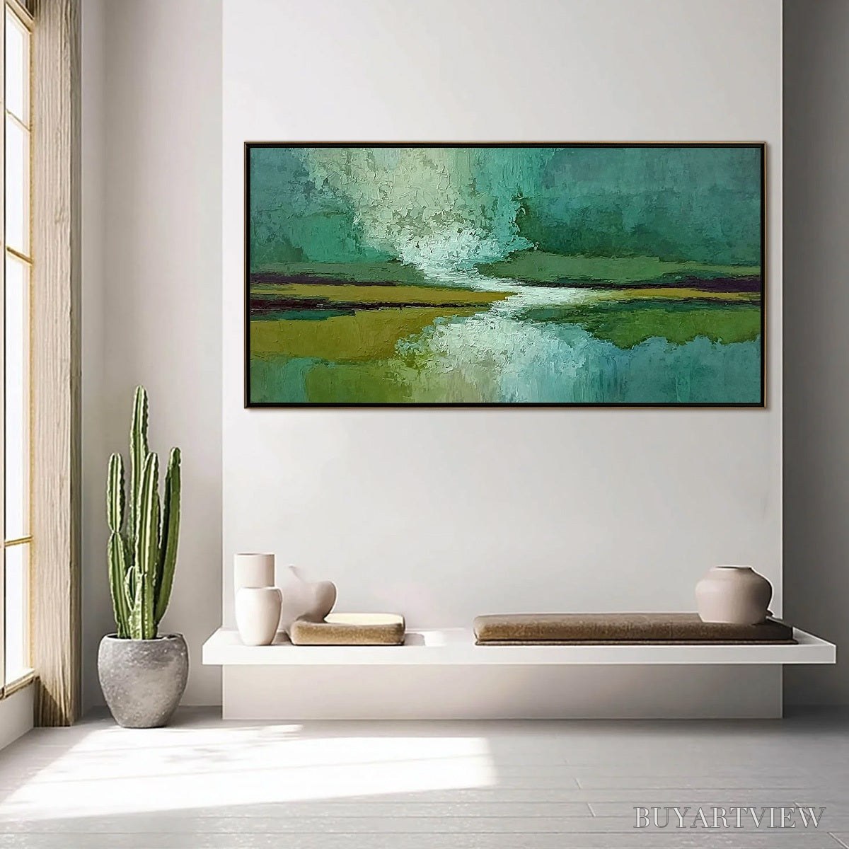 ARTOVITAS Verdant Horizon – Textured Abstract Landscape Painting in Green and Gold - image 4