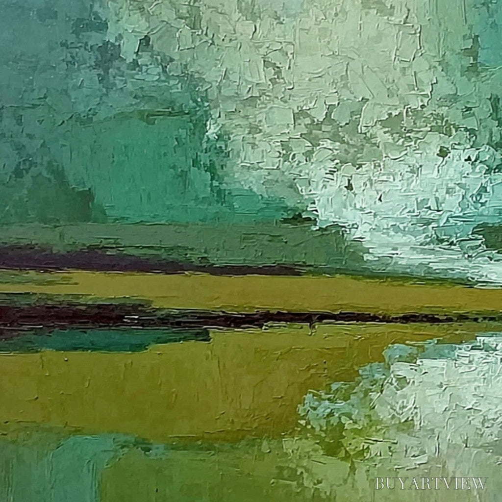ARTOVITAS Verdant Horizon – Textured Abstract Landscape Painting in Green and Gold - image 5