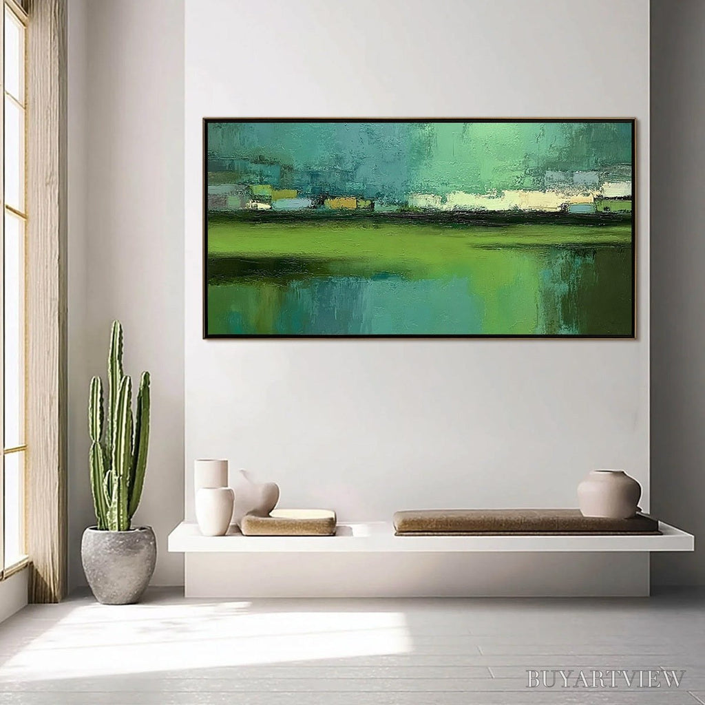 ARTOVITAS Emerald Reflections – Textured Wabi Sabi Abstract Landscape Painting - image 4