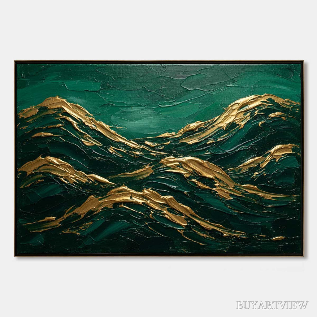 ARTOVITAS Emerald Crests – Heavy Texture Abstract Green and Gold Landscape Painting - image 1