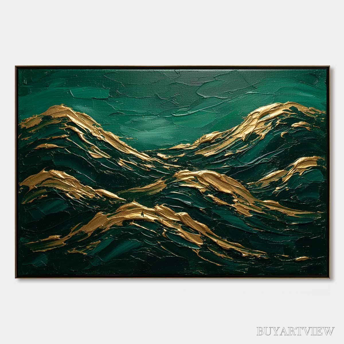 ARTOVITAS Emerald Crests – Heavy Texture Abstract Green and Gold Landscape Painting - image 1